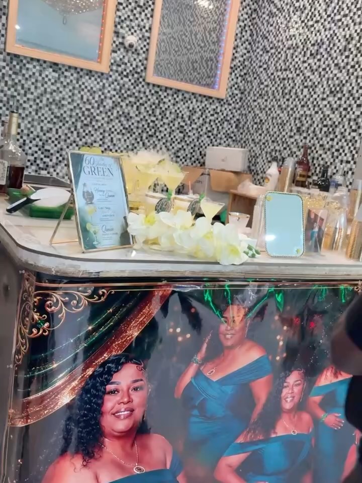 60 Shades of Green themed birthday bar with custom backdrop