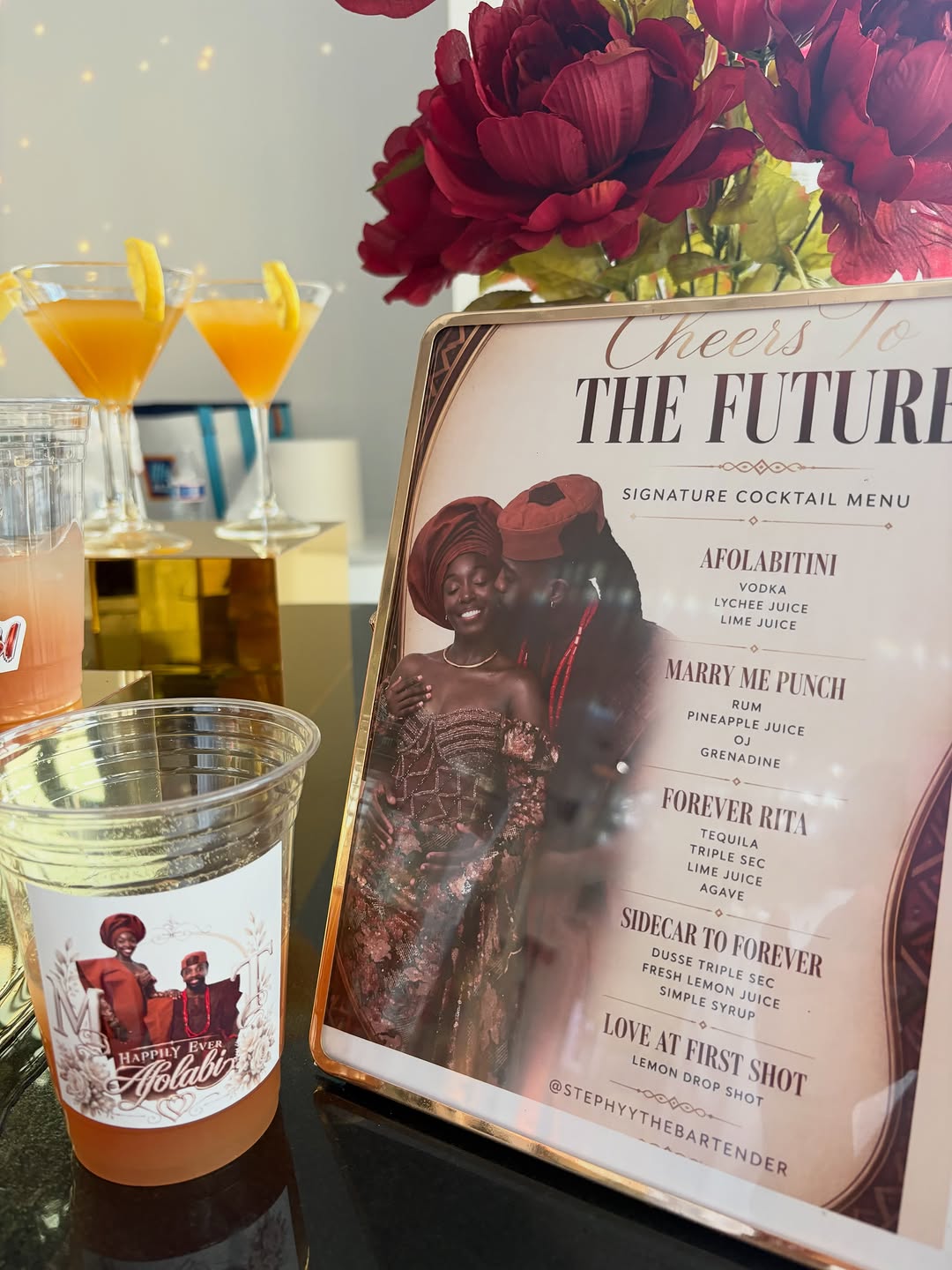 Custom wedding signature cocktail menu with personalized cups