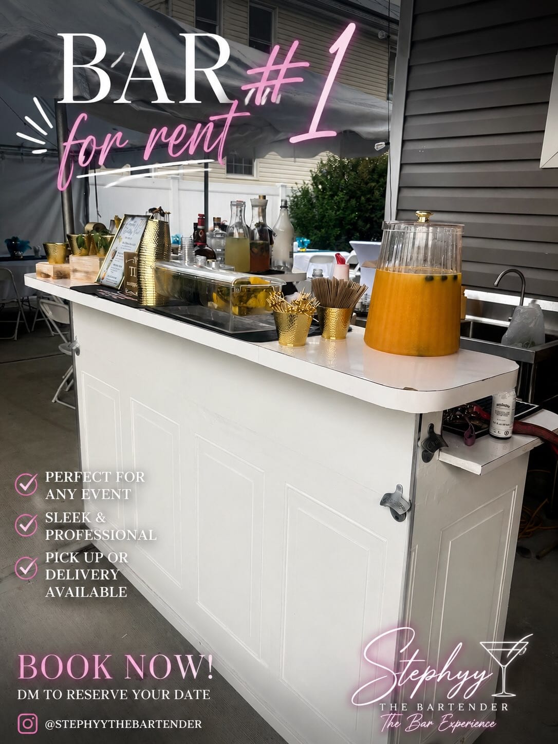 Bar #1 — white panelled portable bar styled with gold accents and drink dispensers